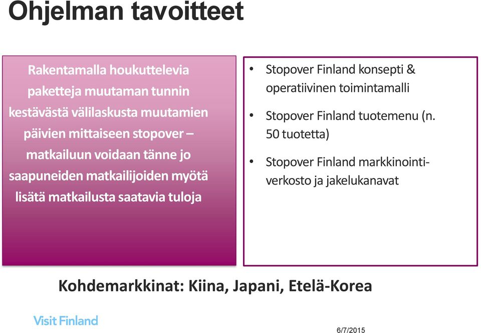 saatavia tuloja Stopover Finland konsepti & operatiivinen toimintamalli Stopover Finland tuotemenu (n.