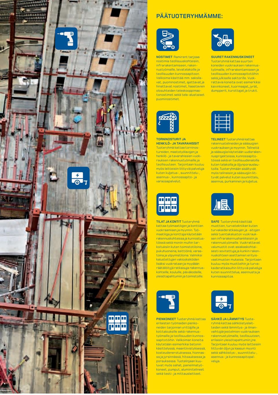 SUURET RAKENNUSKONEET Tuoteryhmä kattaa suurten koneiden vuokrauksen rakennustyömaille, infrarakentamiseen ja teollisuuden kunnossapitotöihin sekä julkiselle sektorille.