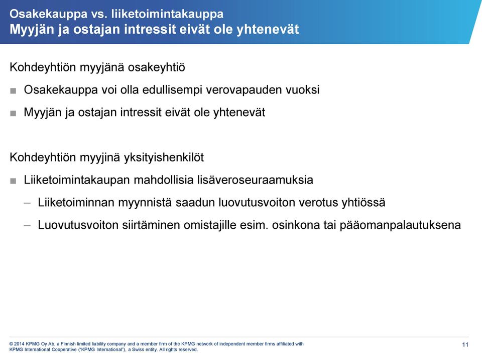 voi olla edullisempi verovapauden vuoksi Myyjän ja ostajan intressit eivät ole yhtenevät Kohdeyhtiön myyjinä