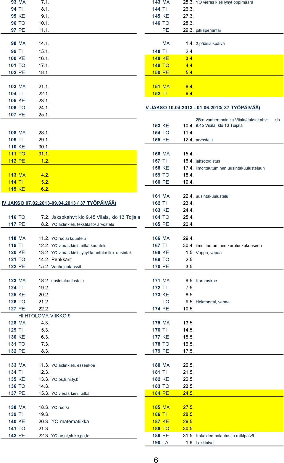 1. 2B:n vanhempainilta Viiala/Jaksokahvit 153 KE 10.4. 9.45 Viiala, klo 13 Toijala 108 MA 28.1. 154 TO 11.4. 109 TI 29.1. 155 PE 12.4. arvostelu 110 KE 30.1. 111 TO 31.1. 156 MA 15.4. 112 PE 1.2. 157 TI 16.