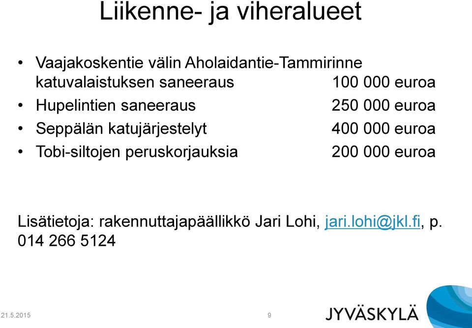 Seppälän katujärjestelyt 400 000 euroa Tobi-siltojen peruskorjauksia 200 000