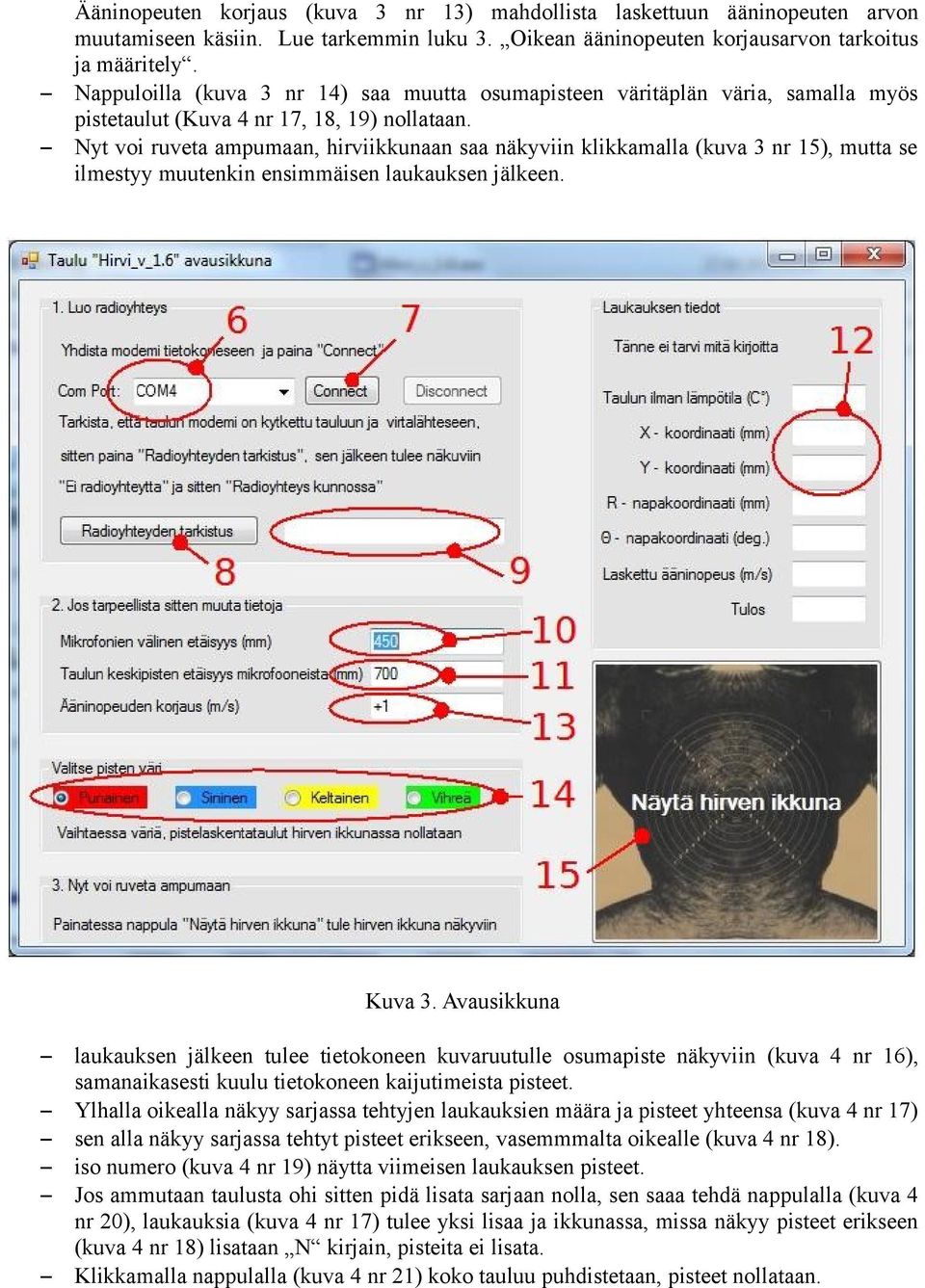 Nyt voi ruveta ampumaan, hirviikkunaan saa näkyviin klikkamalla (kuva 3 nr 15), mutta se ilmestyy muutenkin ensimmäisen laukauksen jälkeen. Kuva 3.