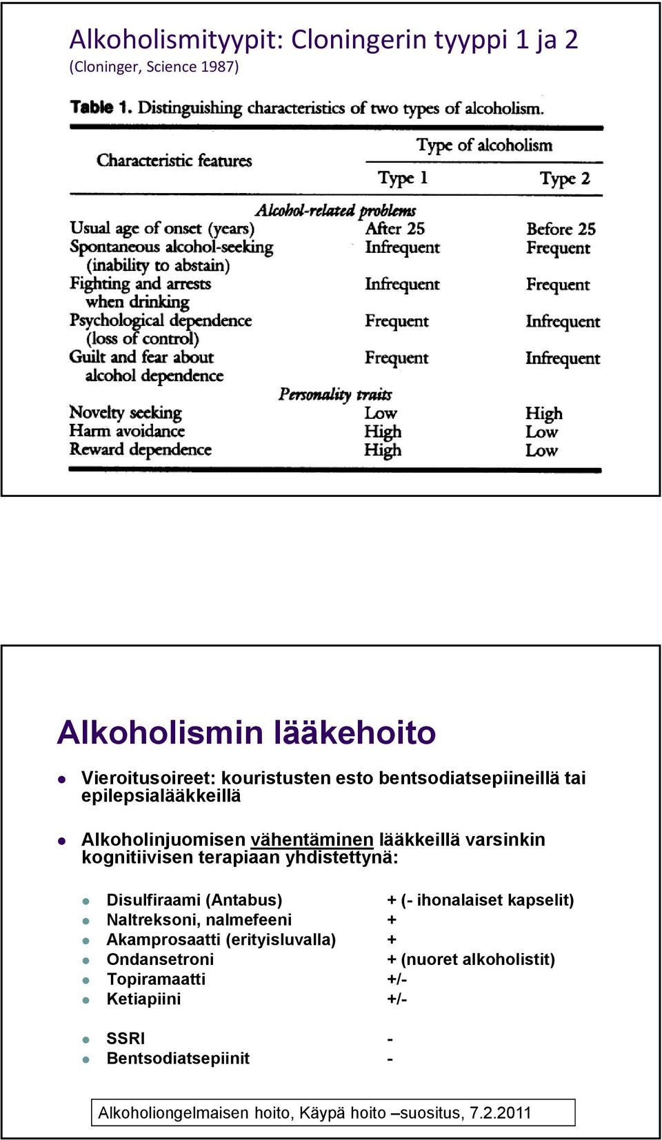 yhdistettynä: Disulfiraami (Antabus) + (- ihonalaiset kapselit) Naltreksoni, nalmefeeni + Akamprosaatti (erityisluvalla) +