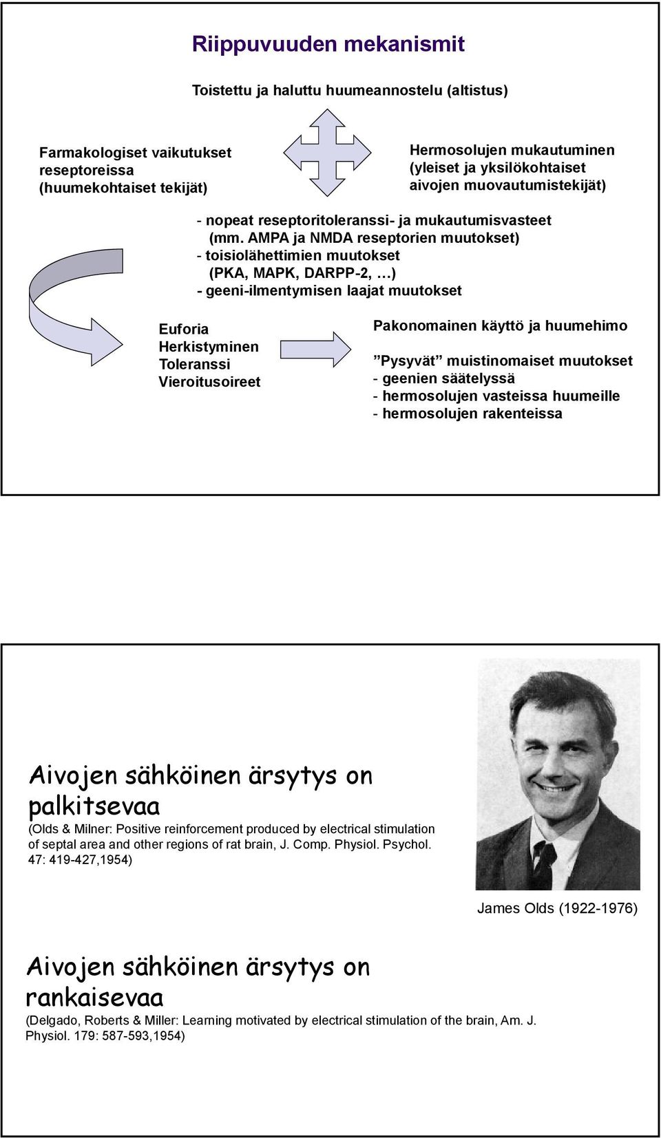 AMPA ja NMDA reseptorien muutokset) - toisiolähettimien muutokset (PKA, MAPK, DARPP-2, ) - geeni-ilmentymisen laajat muutokset Euforia Herkistyminen Toleranssi Vieroitusoireet Pakonomainen käyttö ja