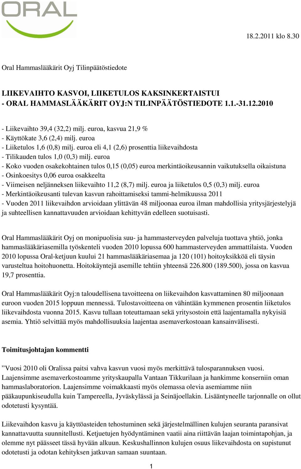 euroa eli 4,1 (2,6) prosenttia liikevaihdosta - Tilikauden tulos 1,0 (0,3) milj.