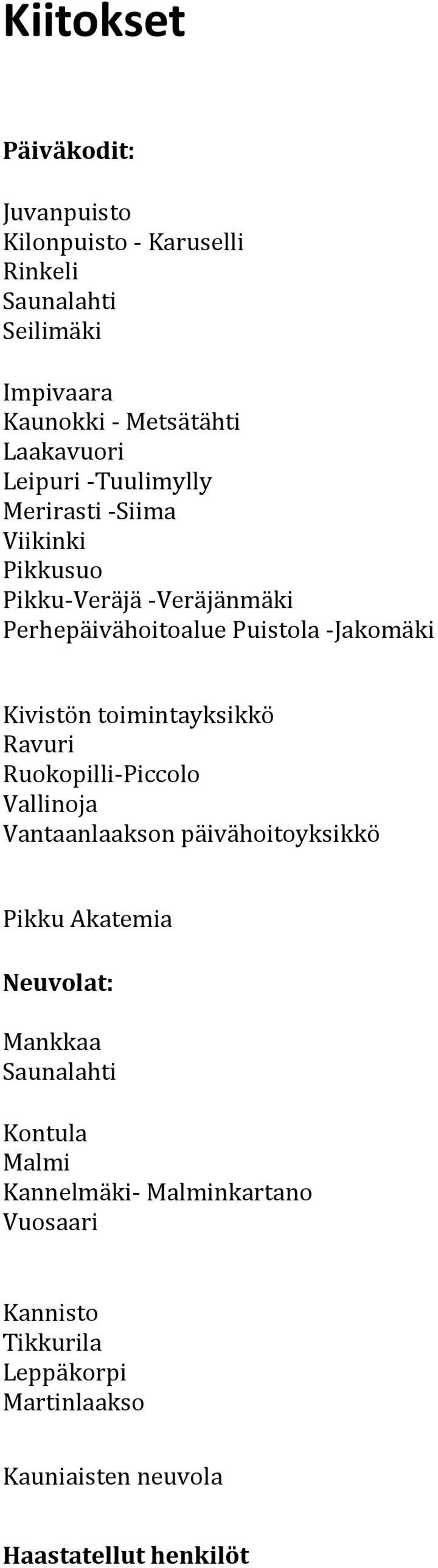 toimintayksikkö Ravuri Ruokopilli-Piccolo Vallinoja Vantaanlaakson päivähoitoyksikkö Pikku Akatemia Neuvolat: Mankkaa Saunalahti