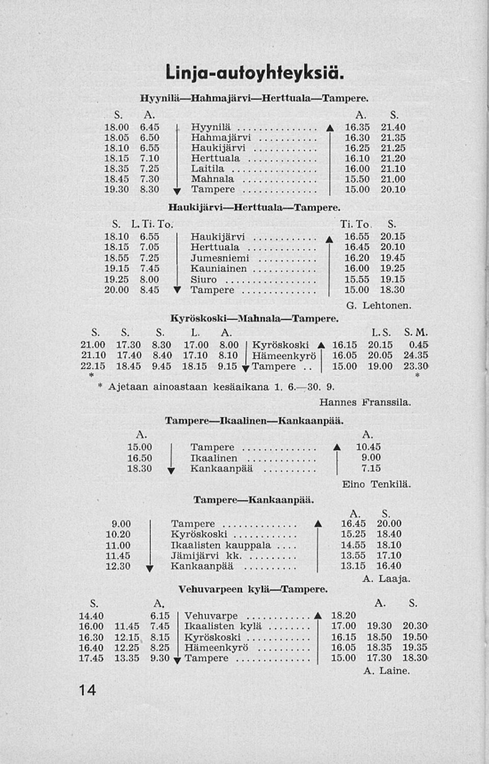 55 20.15 18.15 7.05 Herttuala 16.45 20.10 18.55 7.25 Jumesniemi 16.20 19.45 19.15 7.45 Kauniainen 16.00 19.25 19.25 8.00 Siuro 15.55 19.15 20.00 8.45 T Tampere 15.00 18.30 G. Lehtonen.