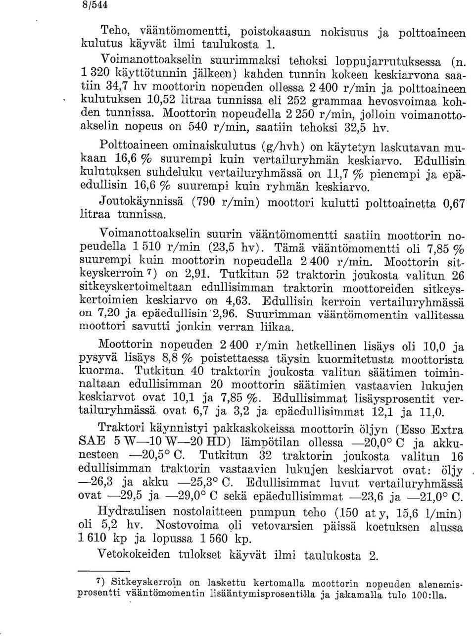 tunnissa. Moottorin nopeudella 2 250 r/min, jolloin voimanottoakselin nopeus on 540 r/min, saatiin tehoksi 32,5 hv.