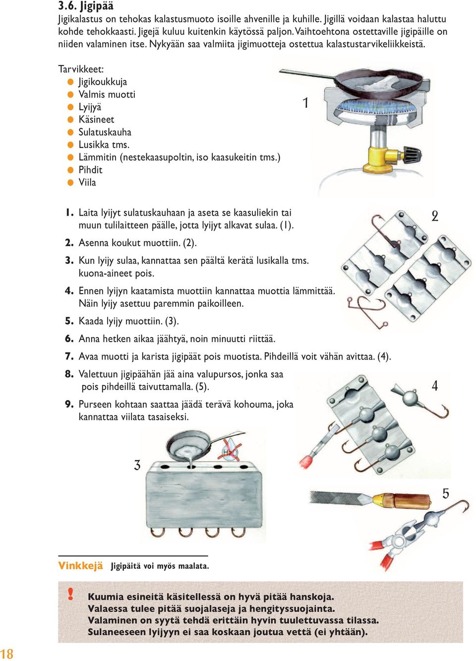 Jigikoukkuja Valmis muotti Lyijyä Käsineet Sulatuskauha Lusikka tms. Lämmitin (nestekaasupoltin, iso kaasukeitin tms.) Pihdit Viila.