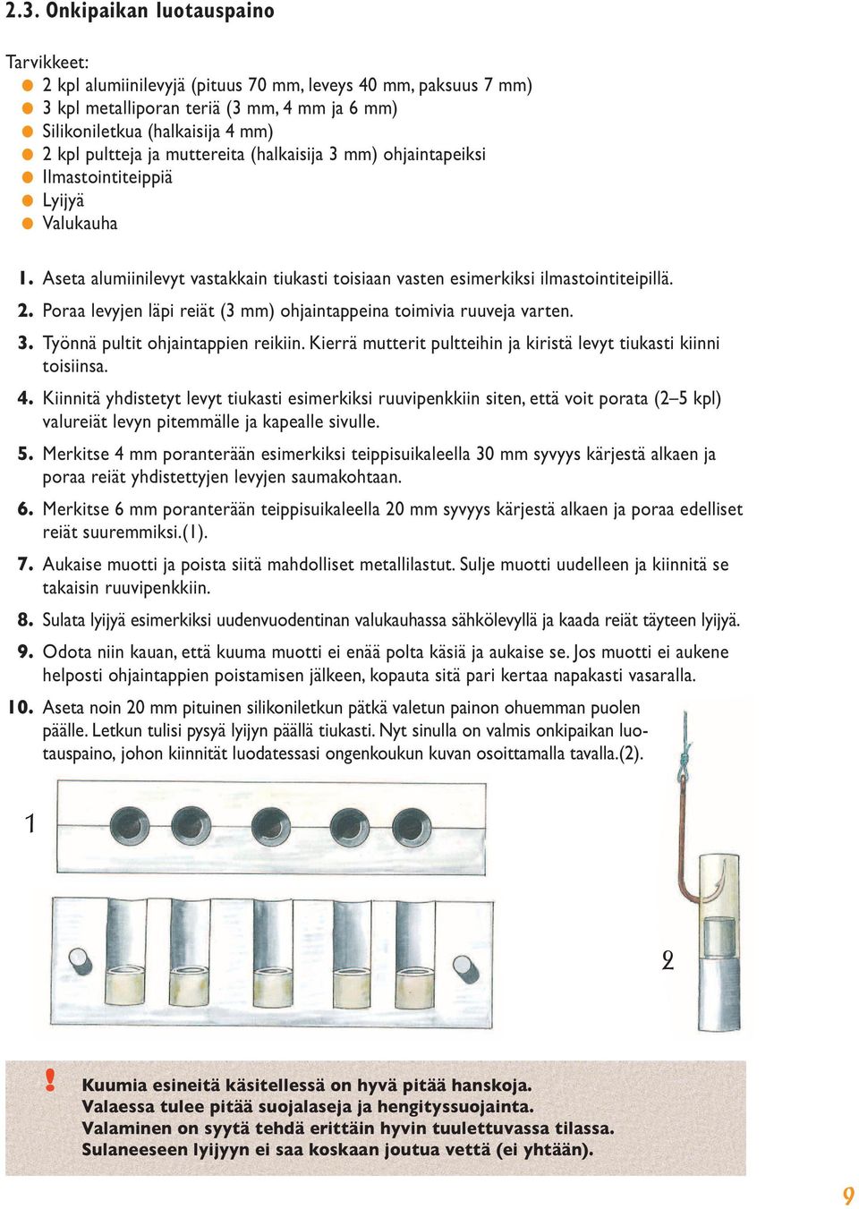 . Poraa levyjen läpi reiät (3 mm) ohjaintappeina toimivia ruuveja varten. 3. Työnnä pultit ohjaintappien reikiin. Kierrä mutterit pultteihin ja kiristä levyt tiukasti kiinni toisiinsa. 4.