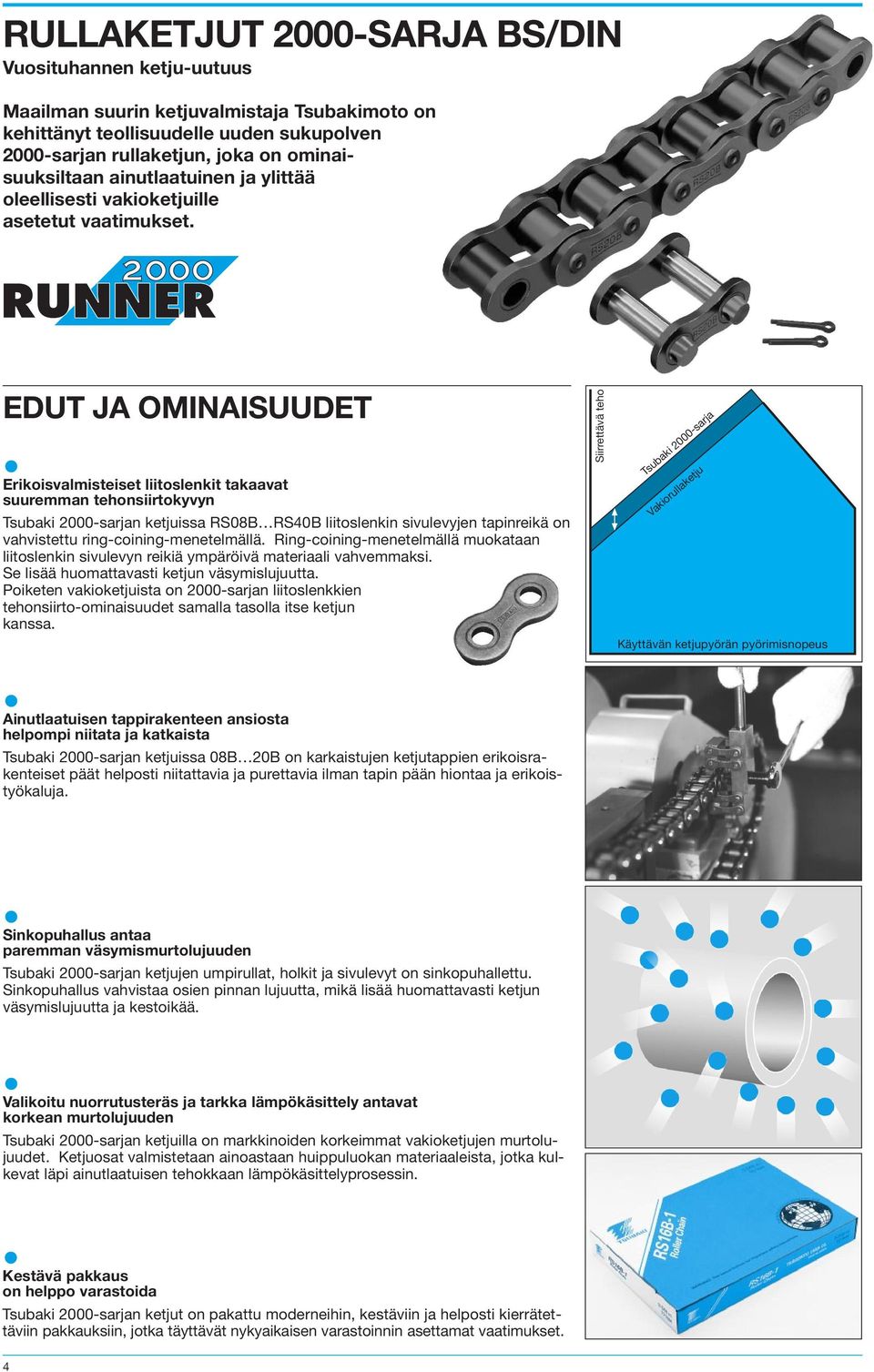 EDUT JA OMINAISUUDET Erikoisvalmisteiset liitoslenkit takaavat suuremman tehonsiirtokyvyn Tsubaki 2000-sarjan ketjuissa RS08B RS40B liitoslenkin sivulevyjen tapinreikä on vahvistettu