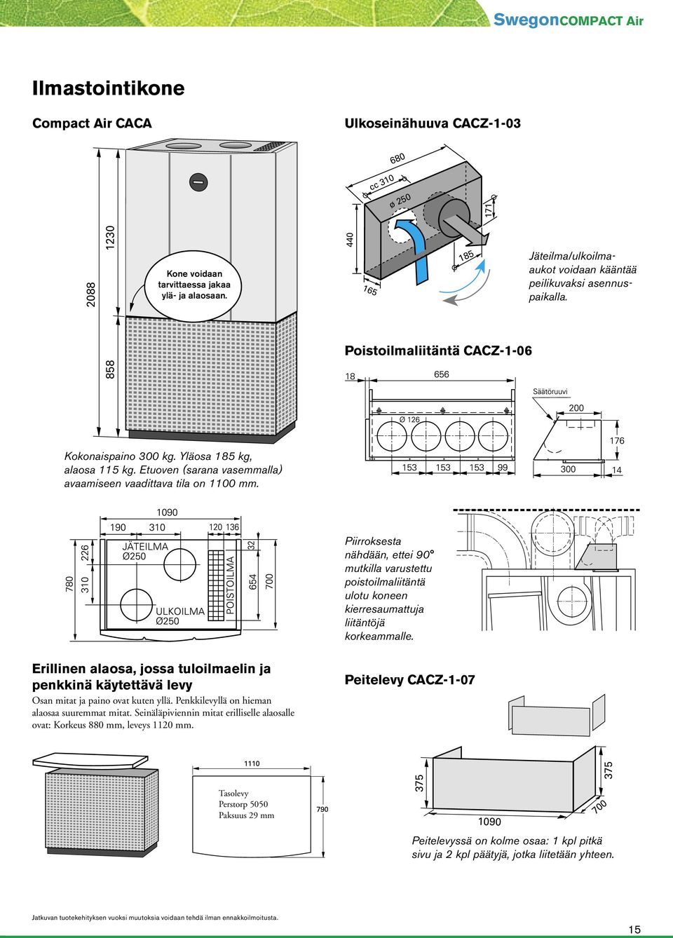 Etuoven (sarana vasemmalla) avaamiseen vaadittava tila on 1100 mm. Piirroksesta nähdään, ettei 90 mutkilla varustettu poistoilmaliitäntä ulotu koneen kierresaumattuja liitäntöjä korkeammalle.