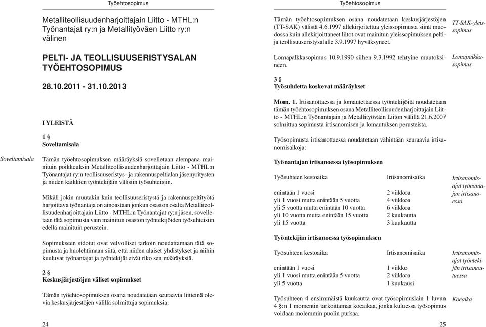 TT-SAK-yleissopimus PELTI- JA TEOLLISUUSERISTYSALAN TYÖEHTOSOPIMUS Lomapalkkasopimus 10.9.1990 siihen 9.3.1992 tehtyine muutoksineen. Lomapalkkasopimus 28.10.2011-31.10.2013 3 Työsuhdetta koskevat määräykset I YLEISTÄ Mom.