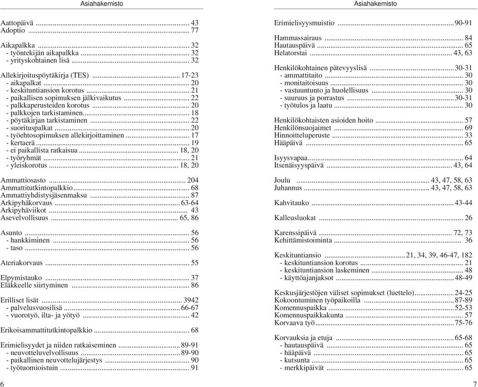 .. 20 - työehtosopimuksen allekirjoittaminen... 17 - kertaerä... 19 - ei paikallista ratkaisua... 18, 20 - työryhmät... 21 - yleiskorotus... 18, 20 Ammattiosasto... 204 Ammattitutkintopalkkio.