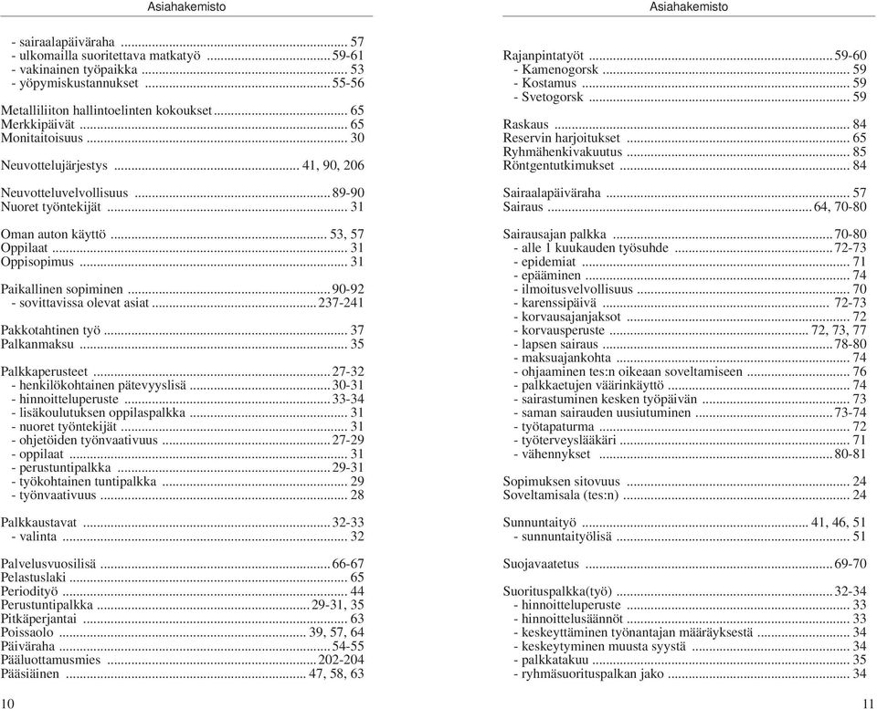 ..90-92 - sovittavissa olevat asiat...237-241 Pakkotahtinen työ... 37 Palkanmaksu... 35 Palkkaperusteet...27-32 - henkilökohtainen pätevyyslisä...30-31 - hinnoitteluperuste.