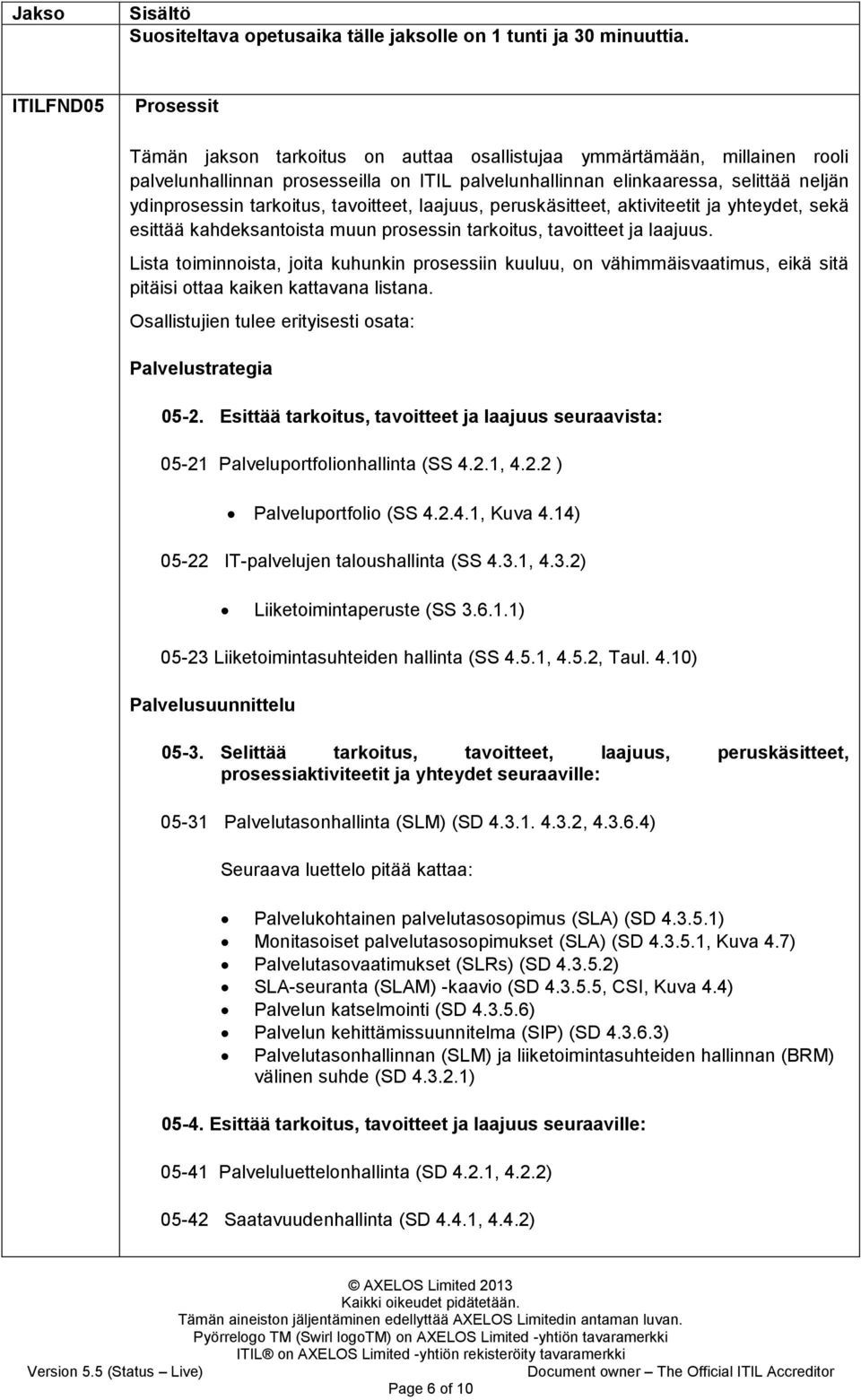 tarkoitus, tavoitteet, laajuus, peruskäsitteet, aktiviteetit ja yhteydet, sekä esittää kahdeksantoista muun prosessin tarkoitus, tavoitteet ja laajuus.