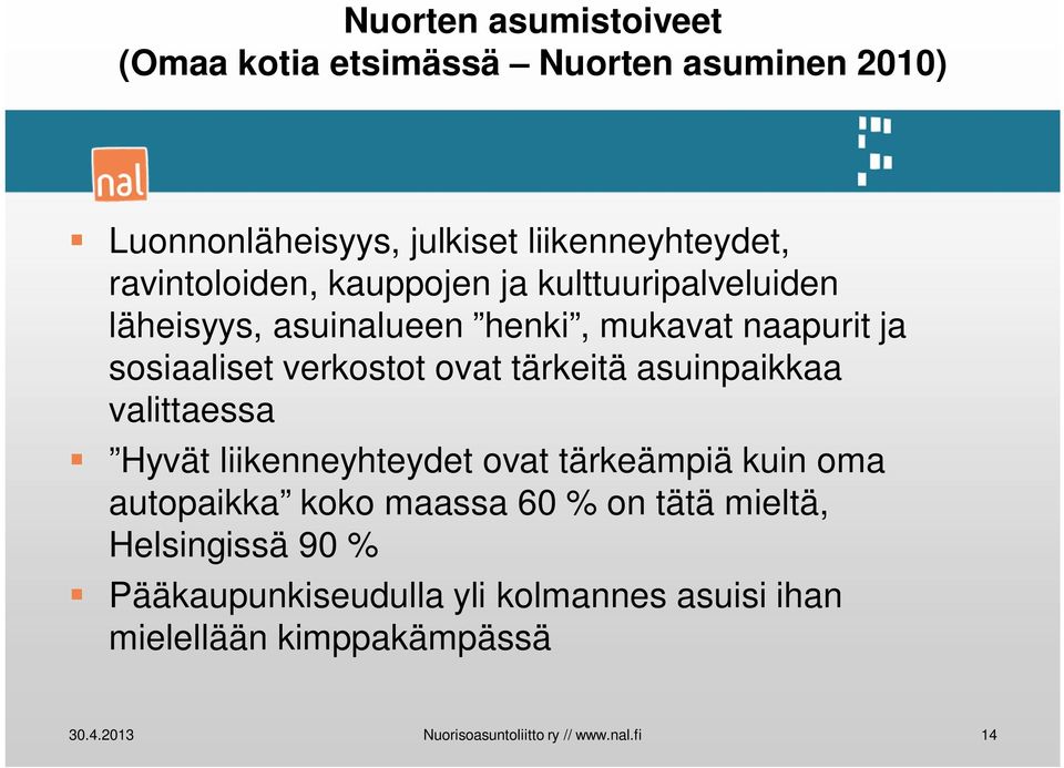 tärkeitä asuinpaikkaa valittaessa Hyvät liikenneyhteydet ovat tärkeämpiä kuin oma autopaikka koko maassa 60 % on tätä mieltä,