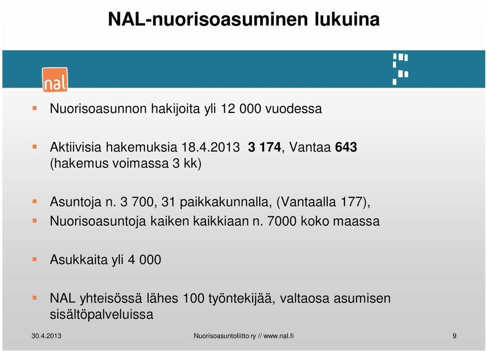 3 700, 31 paikkakunnalla, (Vantaalla 177), Nuorisoasuntoja kaiken kaikkiaan n.