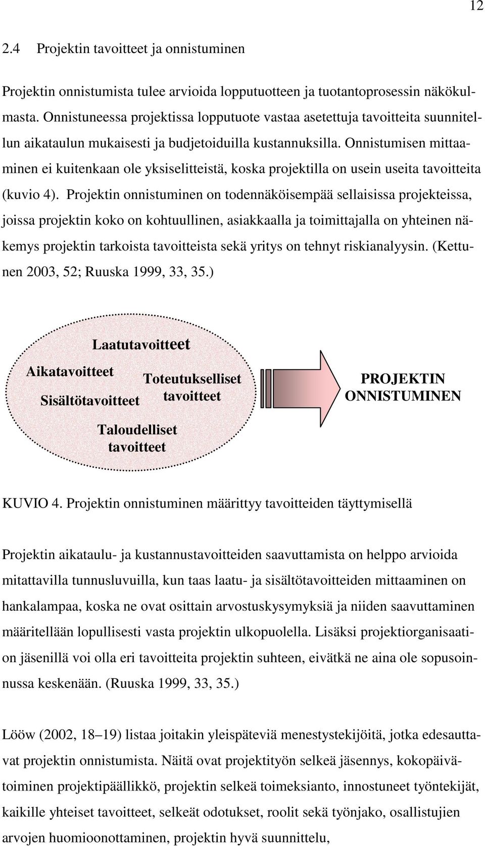 Onnistumisen mittaaminen ei kuitenkaan ole yksiselitteistä, koska projektilla on usein useita tavoitteita (kuvio 4).