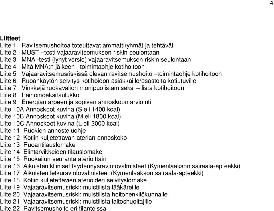 rukavalin mnipulistamiseksi lista ktihitn Liite 8 Painindeksitaulukk Liite 9 Energiantarpeen ja spivan annskn arviinti Liite 10A Annskt kuvina (S eli 1400 kcal) Liite 10B Annskt kuvina (M eli 1800