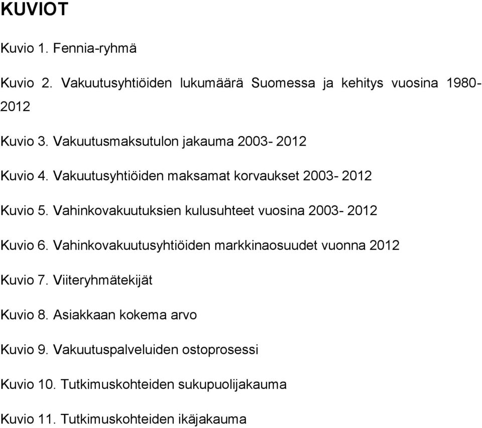 Vahinkovakuutuksien kulusuhteet vuosina 2003-2012 Kuvio 6. Vahinkovakuutusyhtiöiden markkinaosuudet vuonna 2012 Kuvio 7.