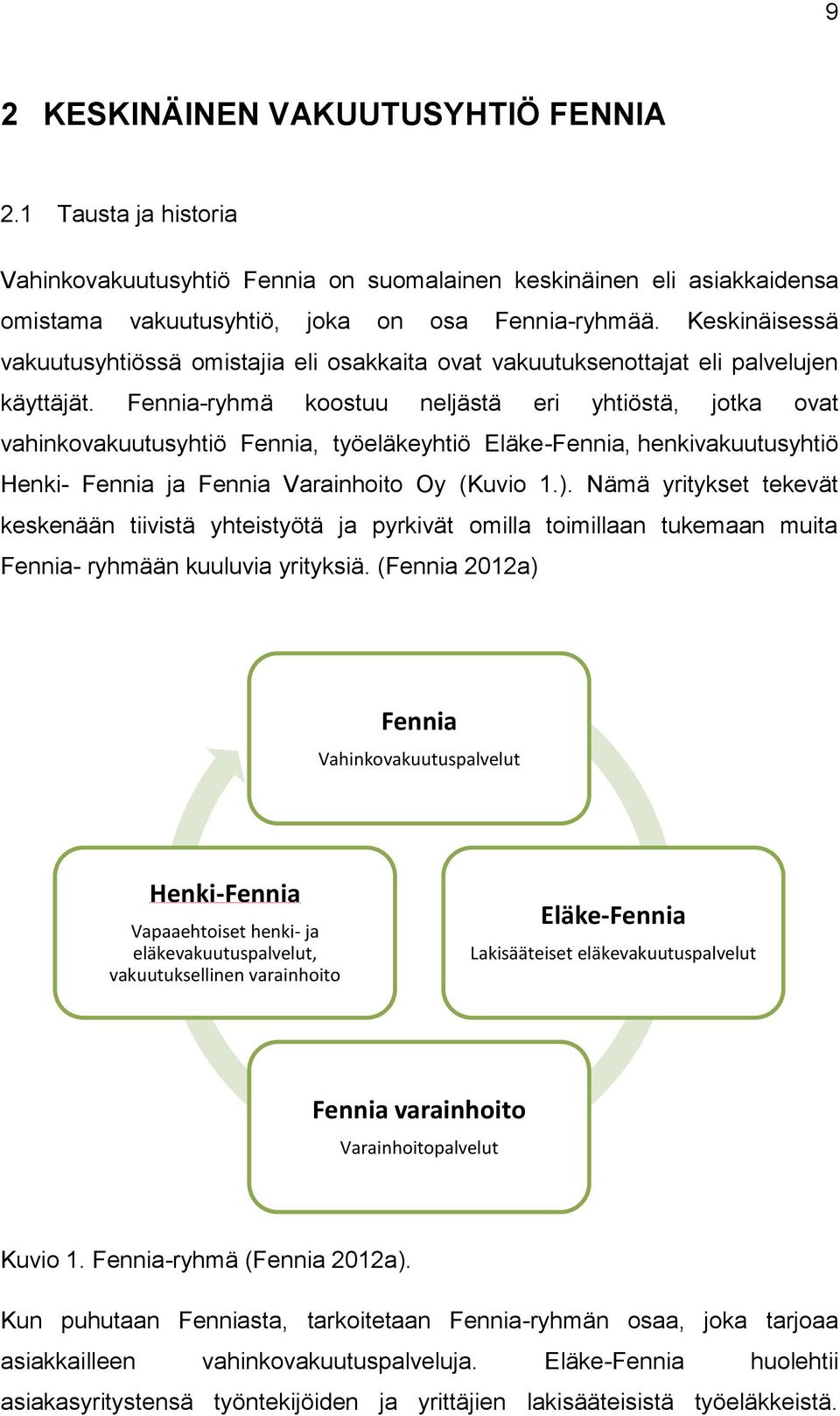 Fennia-ryhmä koostuu neljästä eri yhtiöstä, jotka ovat vahinkovakuutusyhtiö Fennia, työeläkeyhtiö Eläke-Fennia, henkivakuutusyhtiö Henki- Fennia ja Fennia Varainhoito Oy (Kuvio 1.).