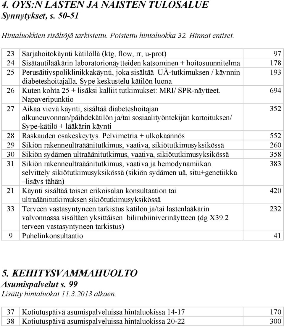 käynnin 193 diabeteshoitajalla. Sype keskustelu kätilön luona 26 Kuten kohta 25 + lisäksi kalliit tutkimukset: MRI/ SPR-näytteet.