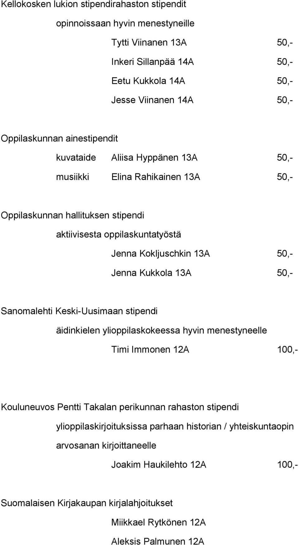 Kukkola 13A 50,- Sanomalehti Keski-Uusimaan stipendi äidinkielen ylioppilaskokeessa hyvin menestyneelle Timi Immonen 12A 100,- Kouluneuvos Pentti Takalan perikunnan rahaston stipendi