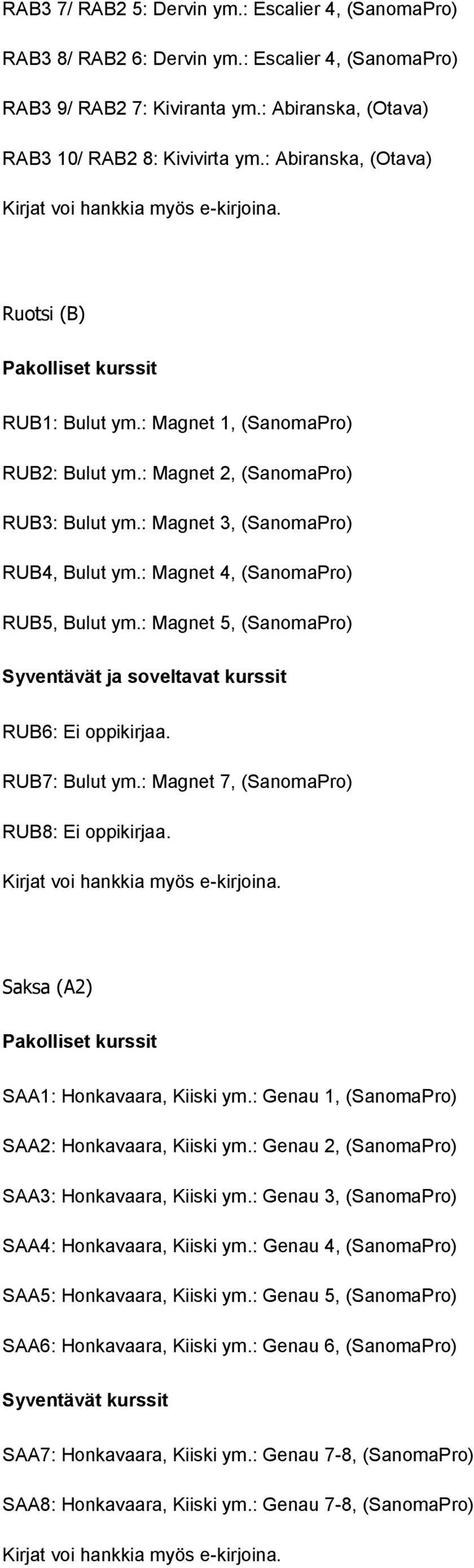 : Magnet 4, (SanomaPro) RUB5, Bulut ym.: Magnet 5, (SanomaPro) Syventävät ja soveltavat kurssit RUB6: Ei oppikirjaa. RUB7: Bulut ym.: Magnet 7, (SanomaPro) RUB8: Ei oppikirjaa.