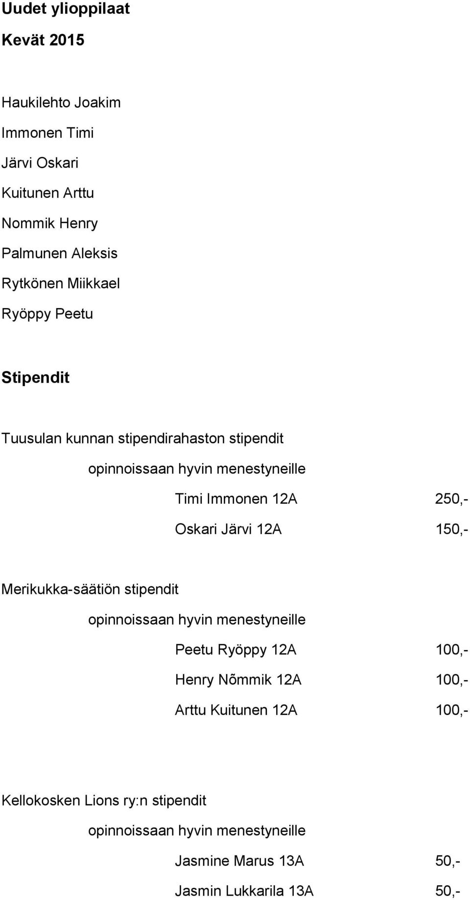 Oskari Järvi 12A 150,- Merikukka-säätiön stipendit opinnoissaan hyvin menestyneille Peetu Ryöppy 12A 100,- Henry Nõmmik 12A 100,-