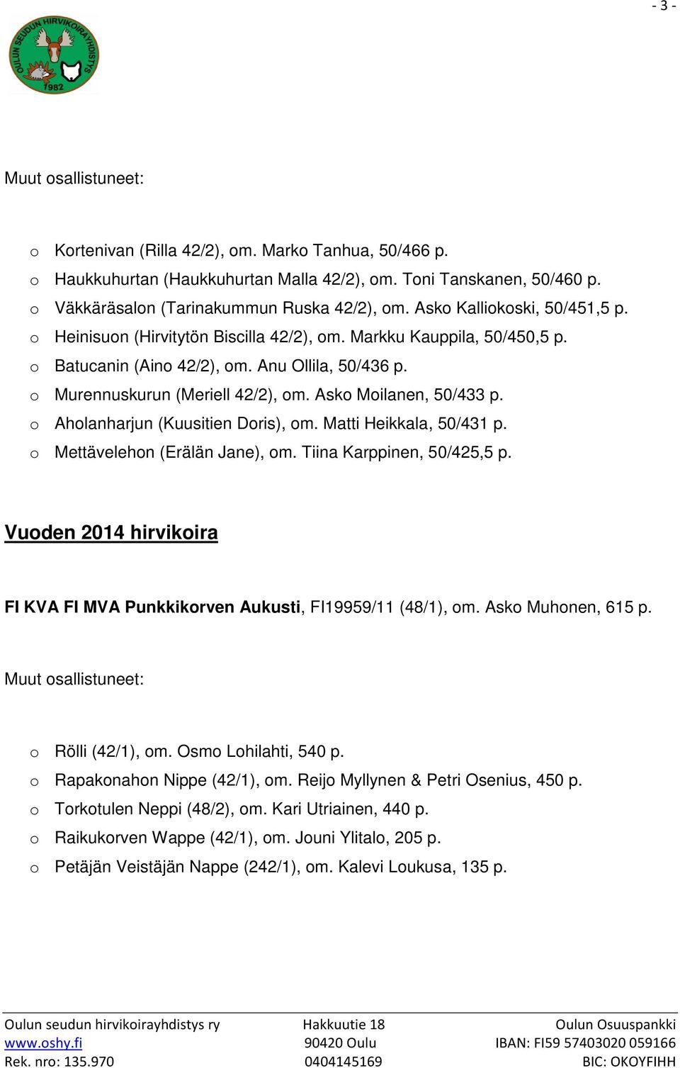 Asko Moilanen, 50/433 p. o Aholanharjun (Kuusitien Doris), om. Matti Heikkala, 50/431 p. o Mettävelehon (Erälän Jane), om. Tiina Karppinen, 50/425,5 p.