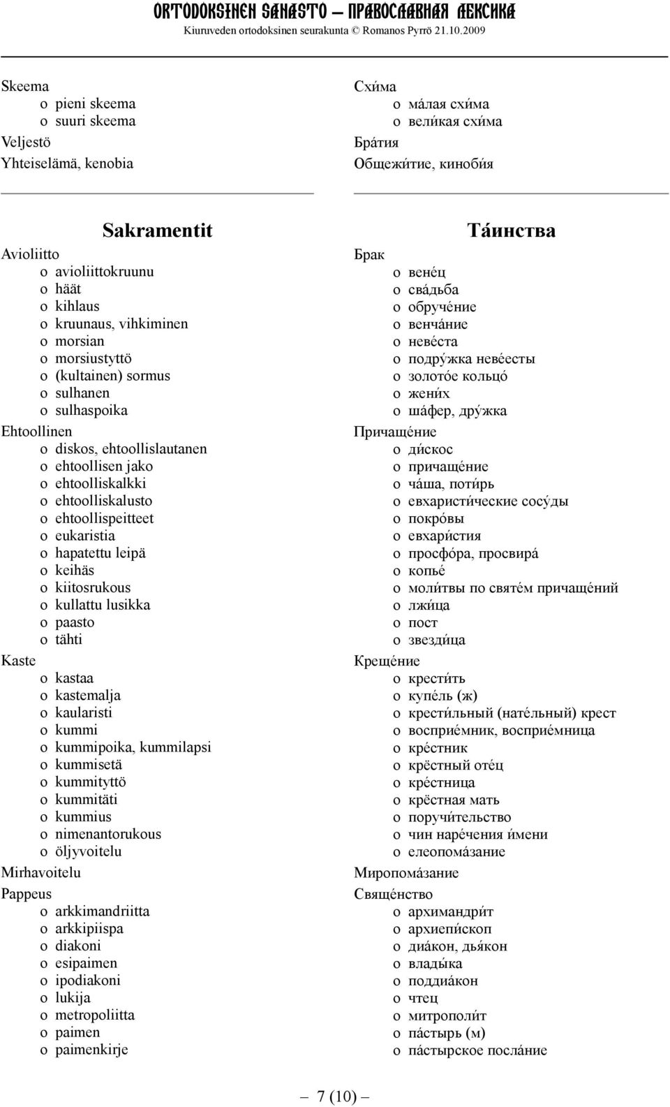 eukaristia o hapatettu leipä o keihäs o kiitosrukous o kullattu lusikka o paasto o tähti Kaste o kastaa o kastemalja o kaularisti o kummi o kummipoika, kummilapsi o kummisetä o kummityttö o kummitäti