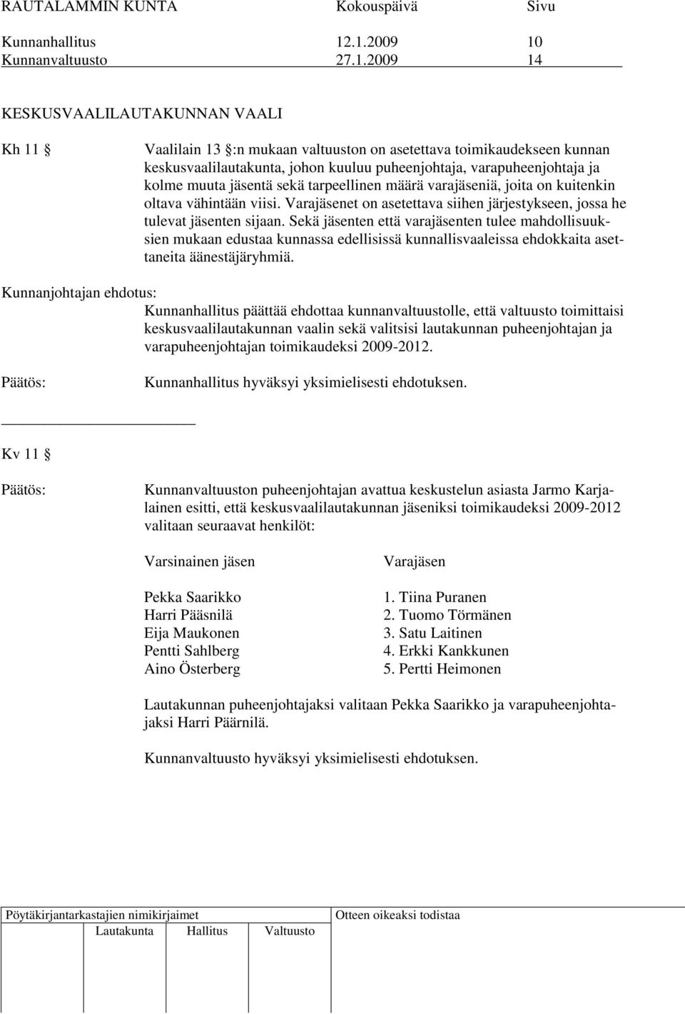 varapuheenjohtaja ja kolme muuta tä sekä tarpeellinen määrä varaiä, joita on kuitenkin oltava vähintään viisi. Varaet on asetettava siihen järjestykseen, jossa he tulevat ten sijaan.