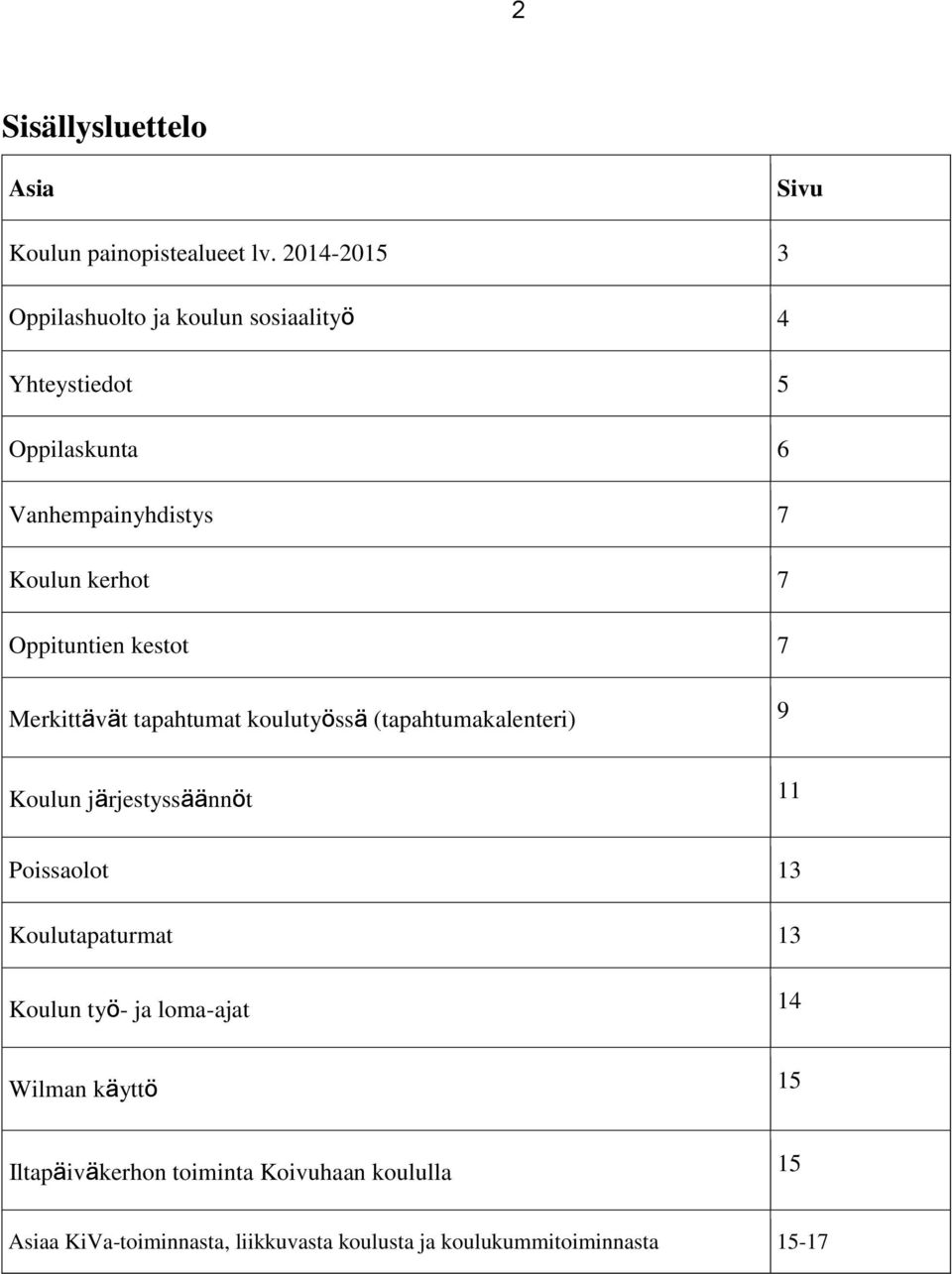 Oppituntien kestot 7 Merkittävät tapahtumat koulutyössä (tapahtumakalenteri) 9 Koulun järjestyssäännöt 11 Poissaolot 13