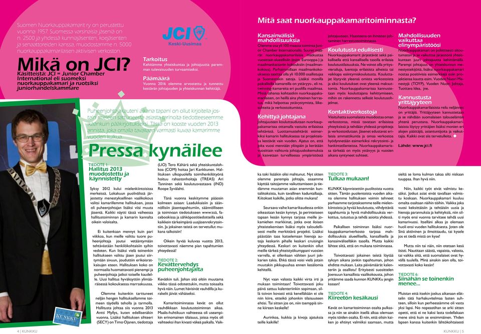 Käsitteistä: JCI = Junior Chamber International eli suomeksi nuorkauppakamari ja ruotsiksi juniorhandelskammare Tarkoitus Kehitämme yhteiskuntaa ja johtajuutta paremman tulevaisuuden turvaamiseksi.