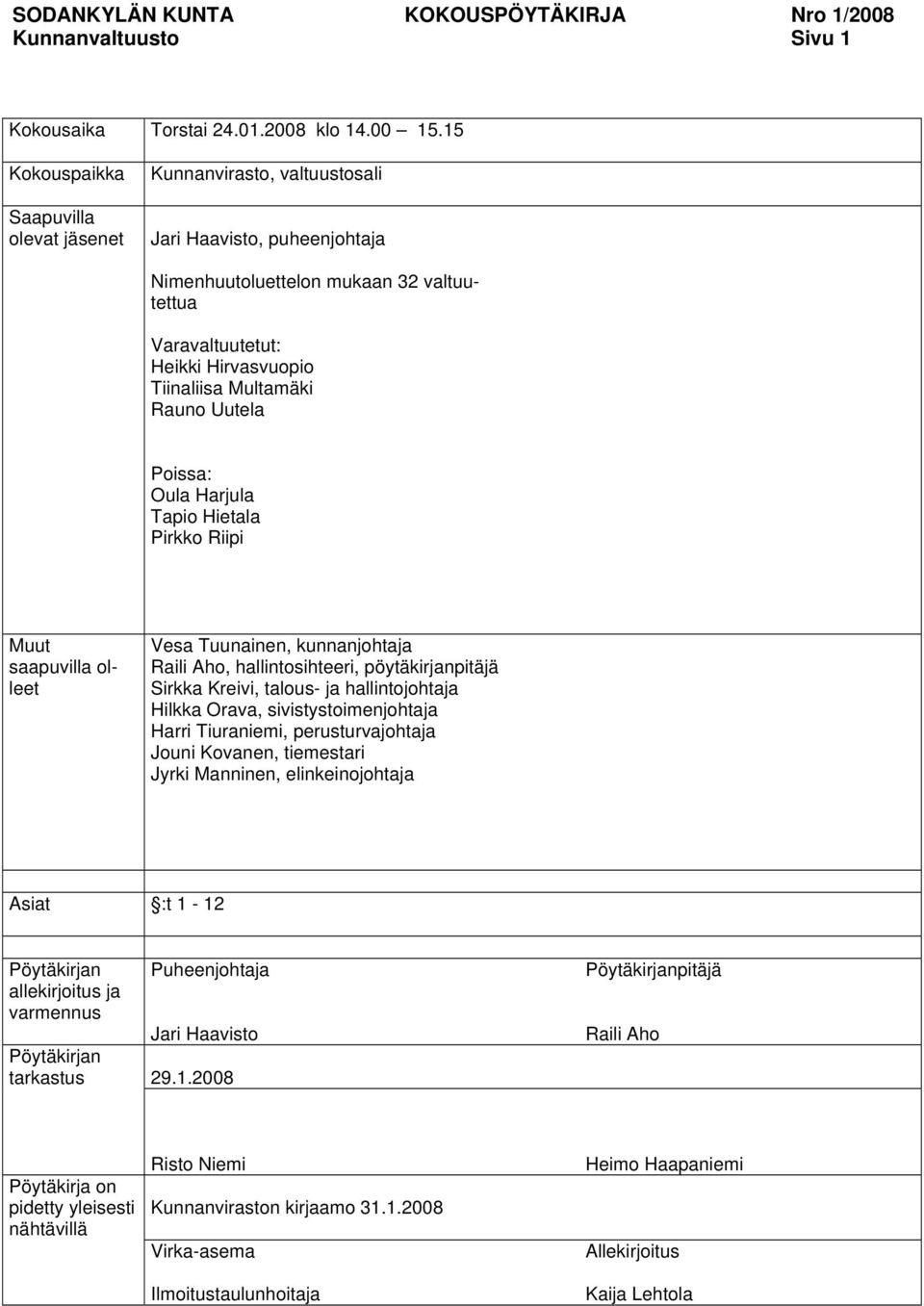 Multamäki Rauno Uutela Poissa: Oula Harjula Tapio Hietala Pirkko Riipi Muut saapuvilla olleet Vesa Tuunainen, kunnanjohtaja Raili Aho, hallintosihteeri, pöytäkirjanpitäjä Sirkka Kreivi, talous- ja
