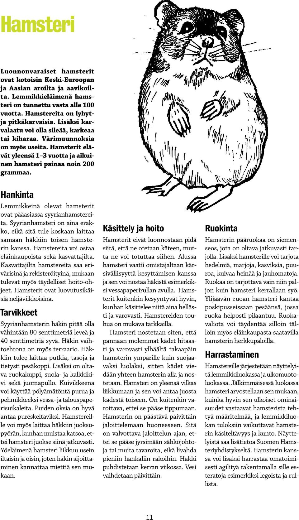 Hankinta Lemmikkeinä olevat hamsterit ovat pääasiassa syyrianhamstereita. Syyrianhamsteri on aina erakko, eikä sitä tule koskaan laittaa samaan häkkiin toisen hamsterin kanssa.