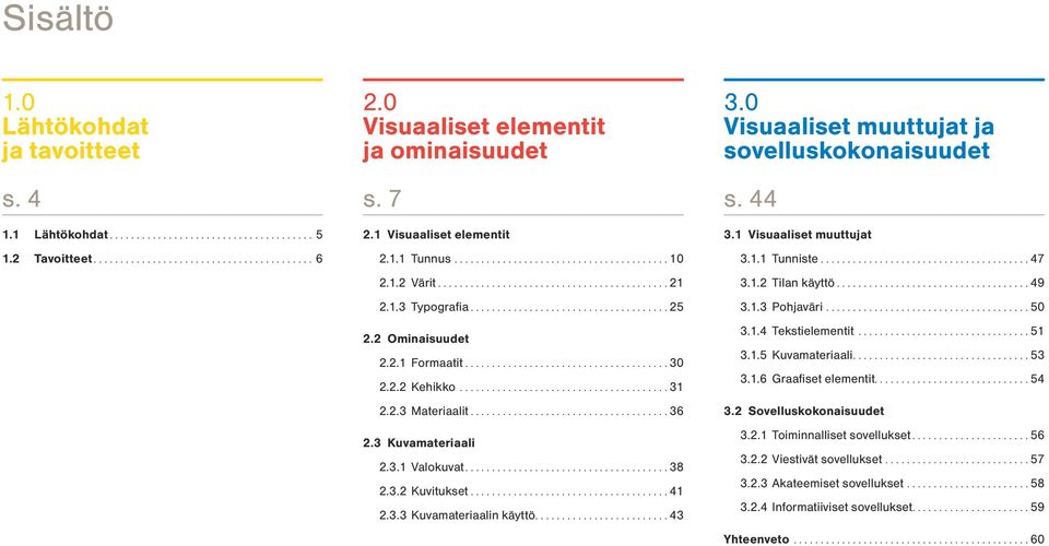 0 Visuaaliset muuttujat ja sovelluskokonaisuudet s. 44 3.1 Visuaaliset muuttujat 3.1.1 Tunniste...47 3.1.2 Tilan käyttö...49 3.1.3 Pohjaväri...50 3.1.4 Tekstielementit...51 3.1.5 Kuvamateriaali...53 3.