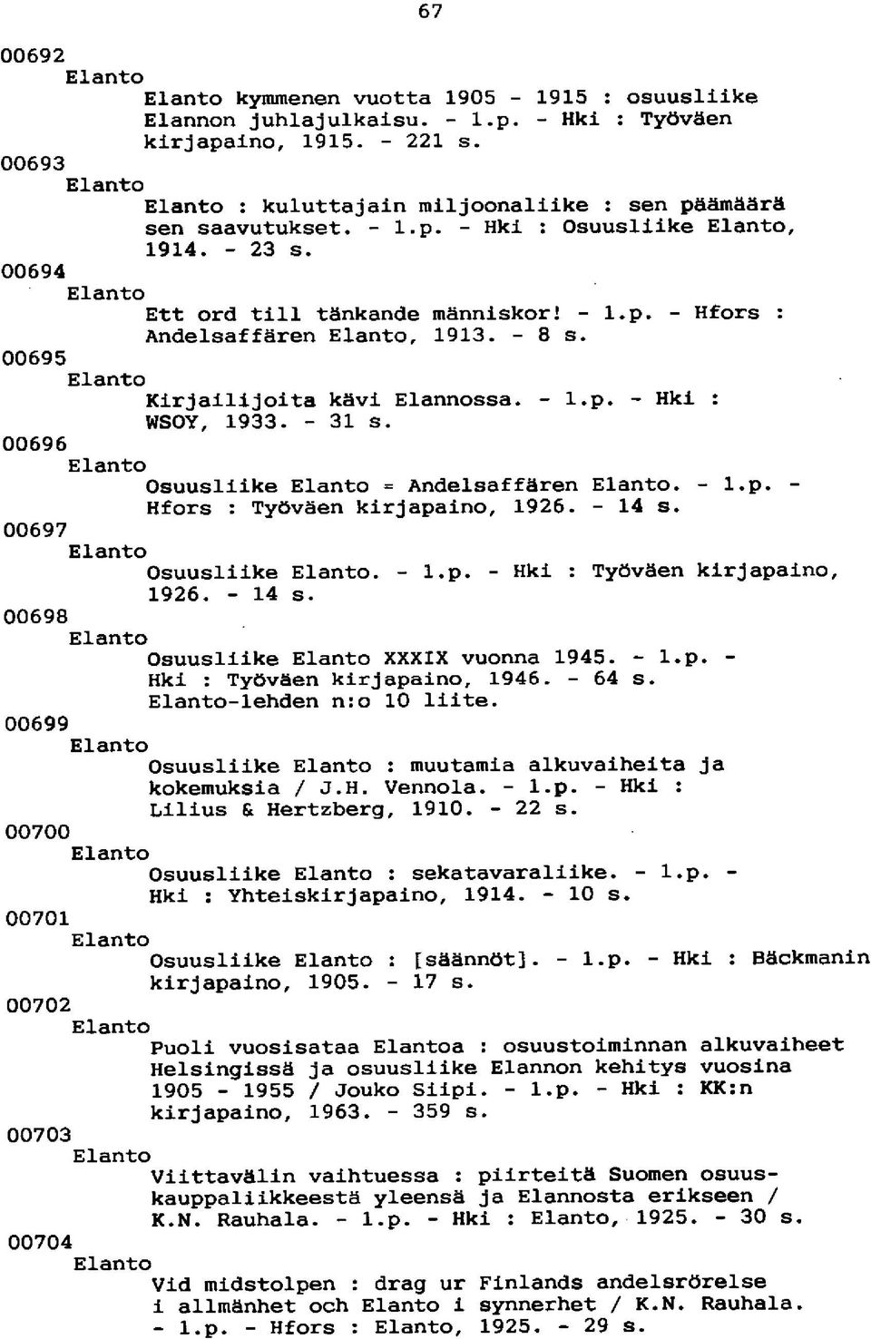 - 8 s. 00695 ElantoKirjailijoita kävi Elannossa. - l.p. - Hki : WSOY, 1933. - 31 s. 00696 ElantoOsuusliike Elanto = Andelsaffären Elanto. - l.p. - Hfors : Työväen kirjapaino, 1926. - 14 s.