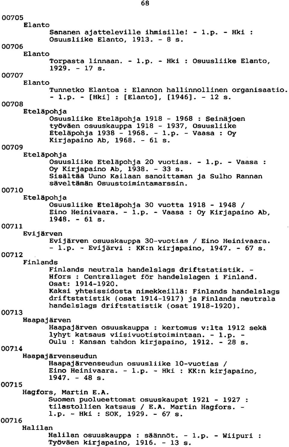 00708 Eteläpohja Osuusliike Eteläpohja 1918-1968 : Seinäjoen työväen osuuskauppa 1918-1937, Osuusliike Eteläpohja 1938-1968. - l.p. - Vaasa : Oy Kirjapaino Ab, 1968. - 61 s.