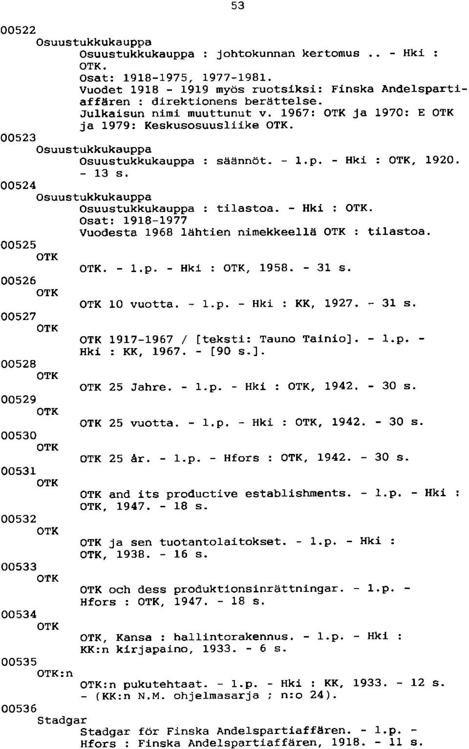 00523 Osuustukkukauppa Osuustukkukauppa : säännöt. - l.p. - Hki : OTK, 1920. - 13 s. 00524 Osuustukkukauppa Osuustukkukauppa : tilastoa. - Hki : OTK. Osat: 1918-1977 Vuodesta 1968 lähtien nimekkeellä OTK : tilastoa.