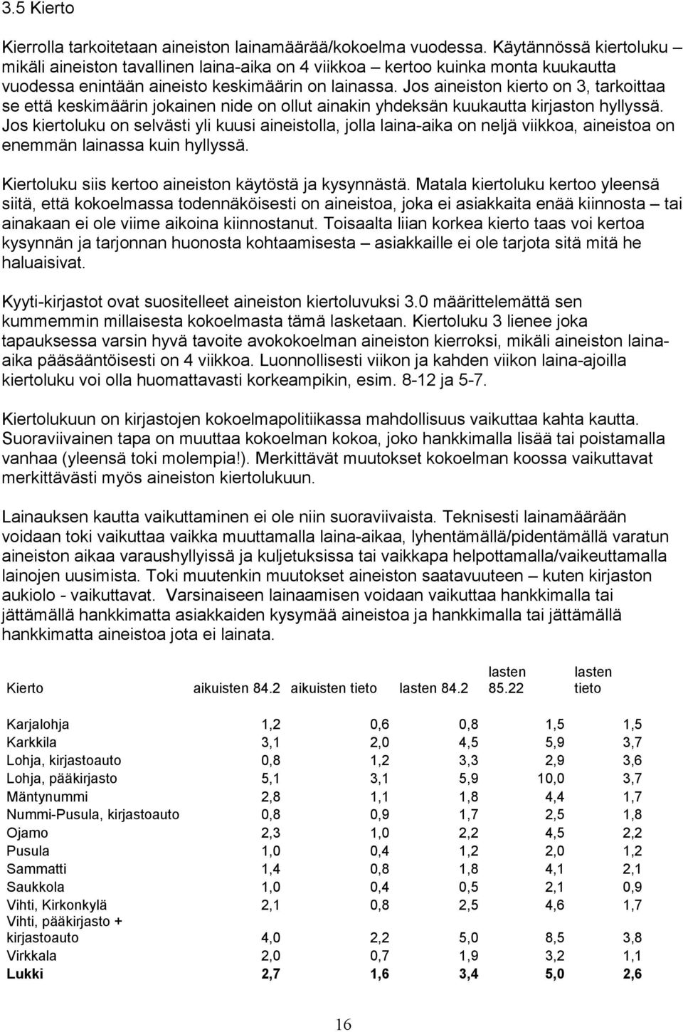 Jos aineiston kierto on 3, tarkoittaa se että keskimäärin jokainen nide on ollut ainakin yhdeksän kuukautta kirjaston hyllyssä.