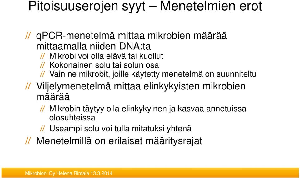 menetelmä on suunniteltu Viljelymenetelmä mittaa elinkykyisten mikrobien määrää Mikrobin täytyy olla