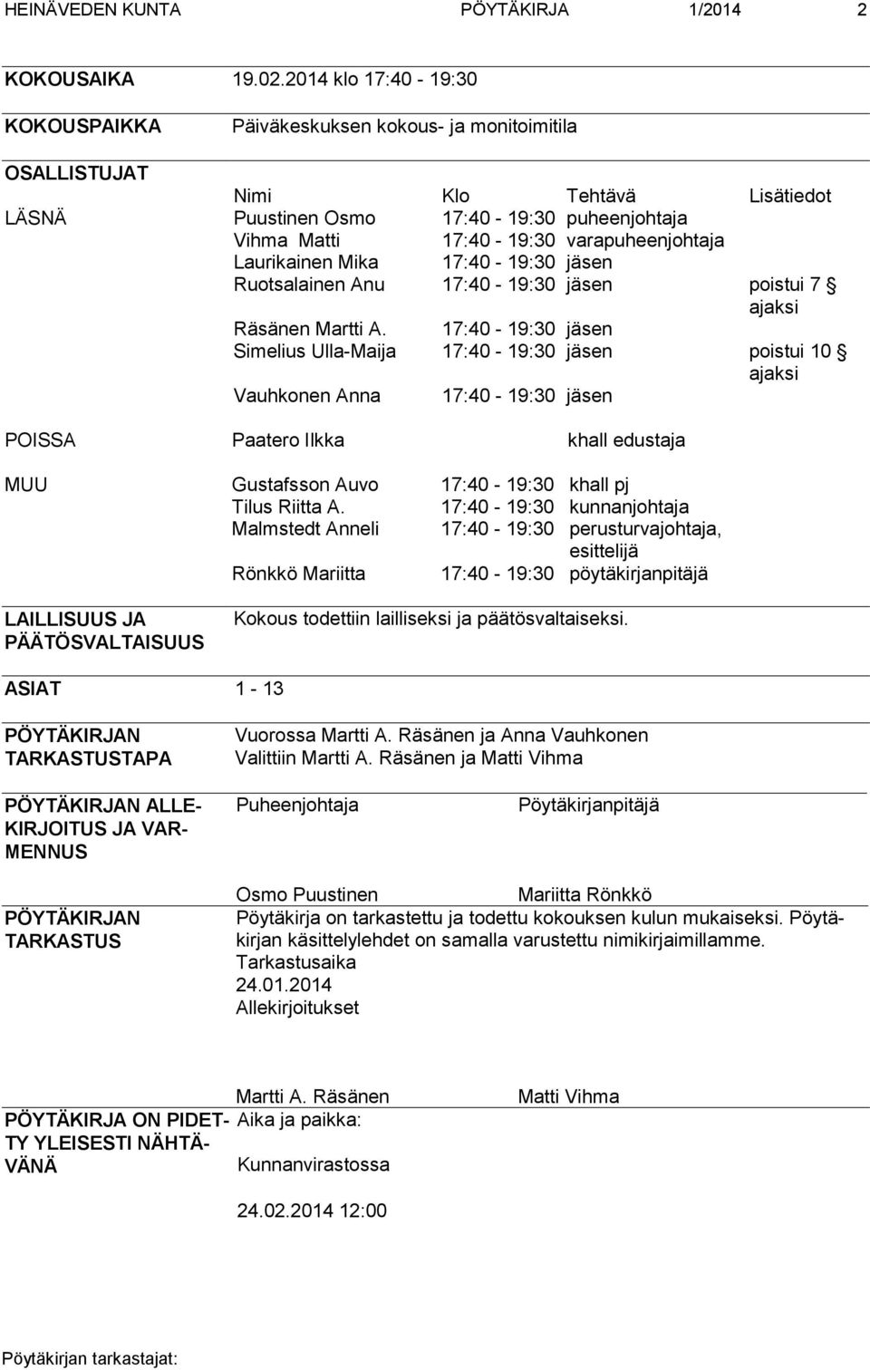 varapuheenjohtaja Laurikainen Mika 17:40-19:30 jäsen Ruotsalainen Anu 17:40-19:30 jäsen poistui 7 ajaksi Räsänen Martti A.