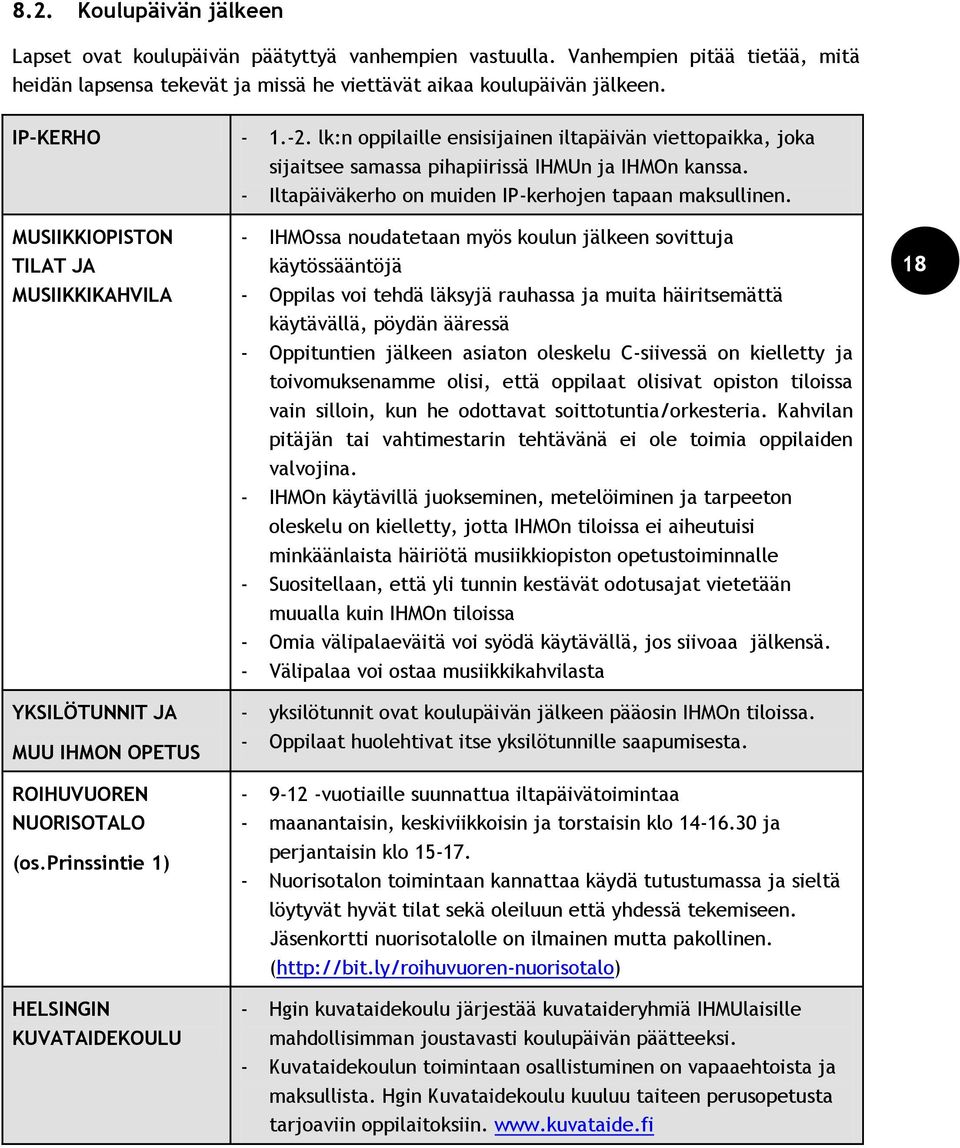 MUSIIKKIOPISTON TILAT JA MUSIIKKIKAHVILA YKSILÖTUNNIT JA MUU IHMON OPETUS ROIHUVUOREN NUORISOTALO (os.