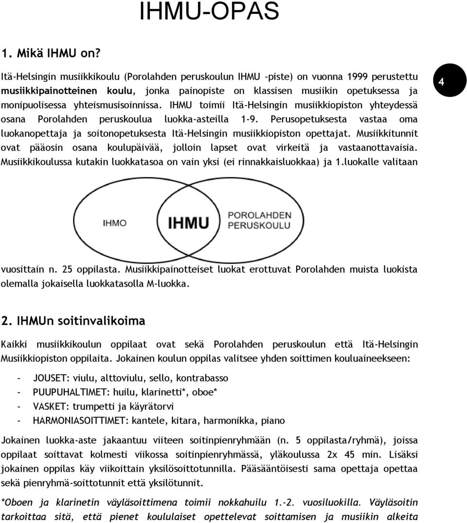 yhteismusisoinnissa. IHMU toimii Itä-Helsingin musiikkiopiston yhteydessä osana Porolahden peruskoulua luokka-asteilla 1-9.