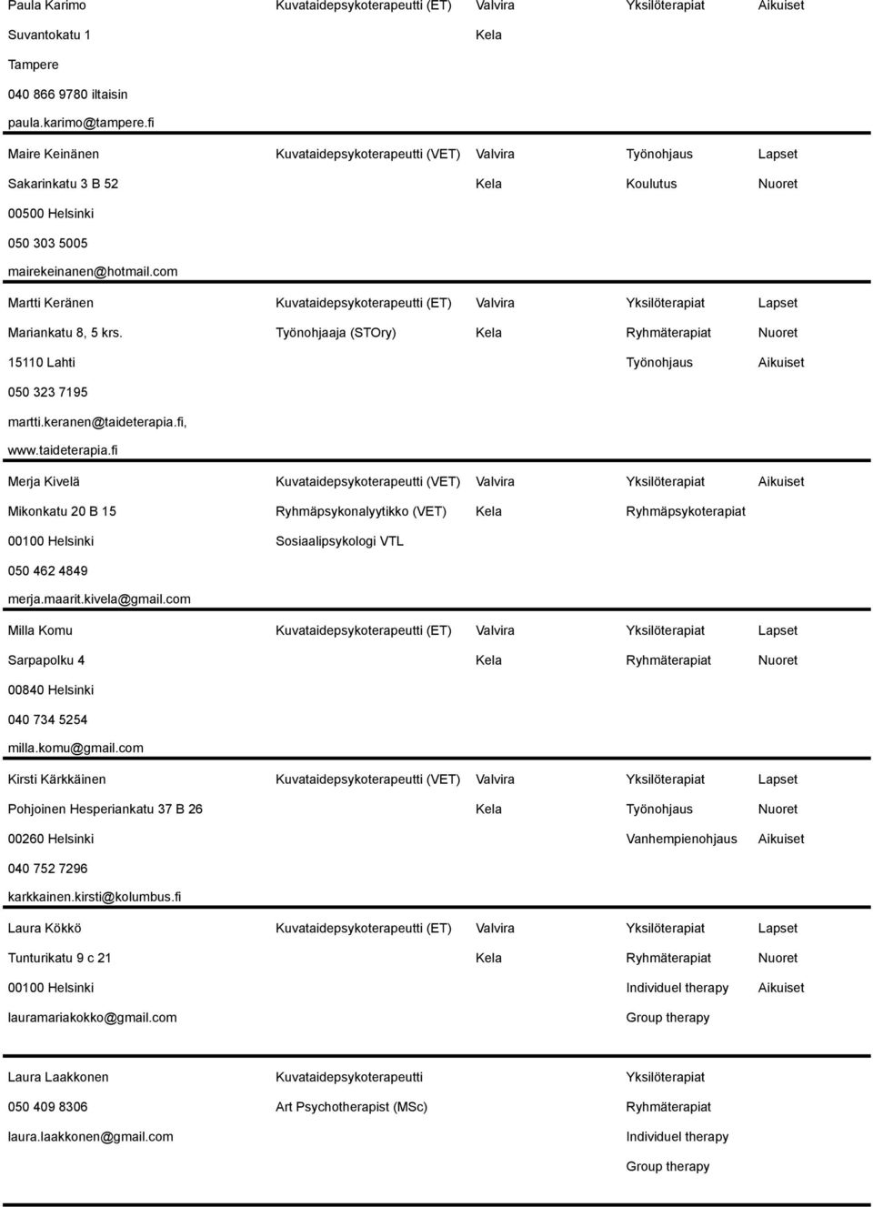 com Martti Keränen Kuvataidepsykoterapeutti (ET) Valvira Yksilöterapiat Lapset Mariankatu 8, 5 krs. Työnohjaaja (STOry) Kela Ryhmäterapiat Nuoret 15110 Lahti Työnohjaus Aikuiset 050 323 7195 martti.