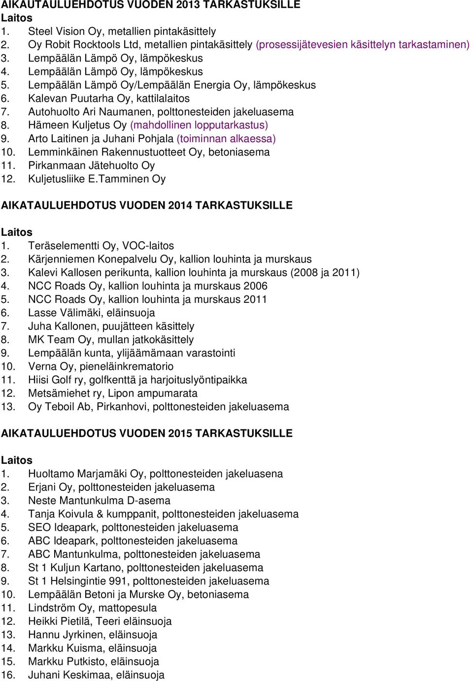Autohuolto Ari Naumanen, polttonesteiden jakeluasema 8. Hämeen Kuljetus Oy (mahdollinen lopputarkastus) 9. 10.