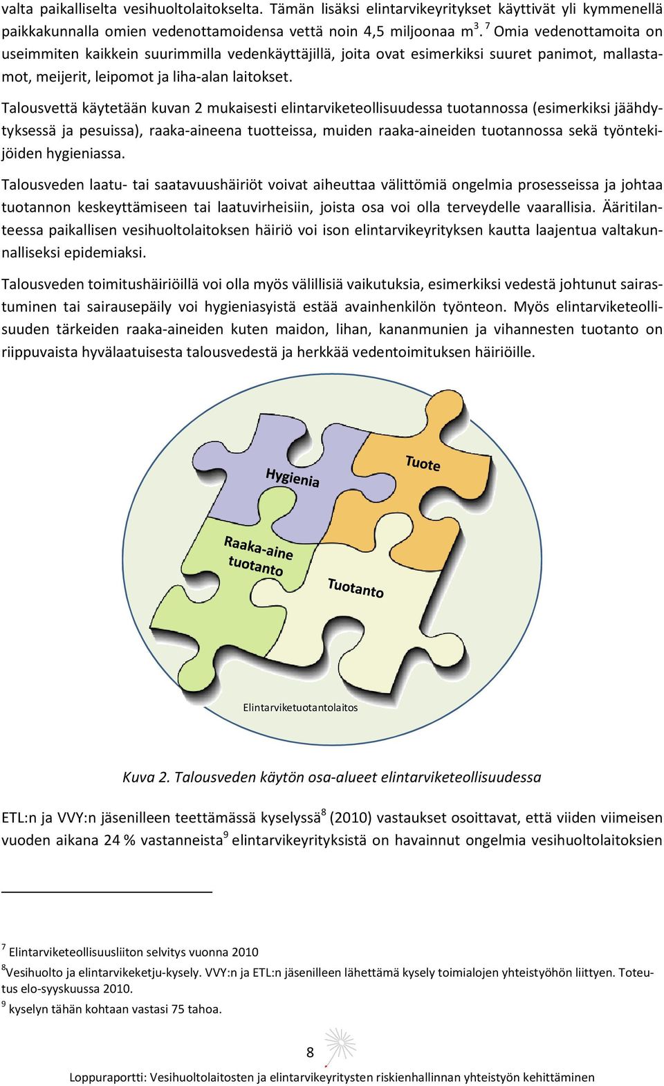 Talousvettä käytetään kuvan 2 mukaisesti elintarviketeollisuudessa tuotannossa (esimerkiksi jäähdytyksessä ja pesuissa), raaka-aineena tuotteissa, muiden raaka-aineiden tuotannossa sekä