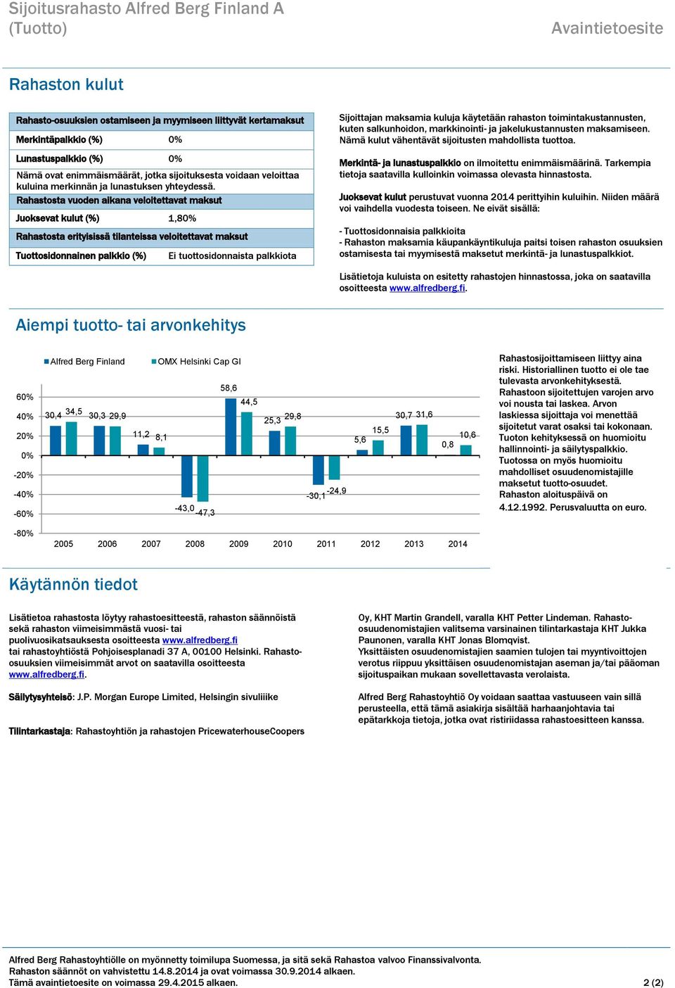 Rahastosta vuoden aikana veloitettavat maksut Juoksevat kulut (%) 1,80% Rahastosta erityisissä tilanteissa veloitettavat maksut Tuottosidonnainen palkkio (%) Ei tuottosidonnaista palkkiota